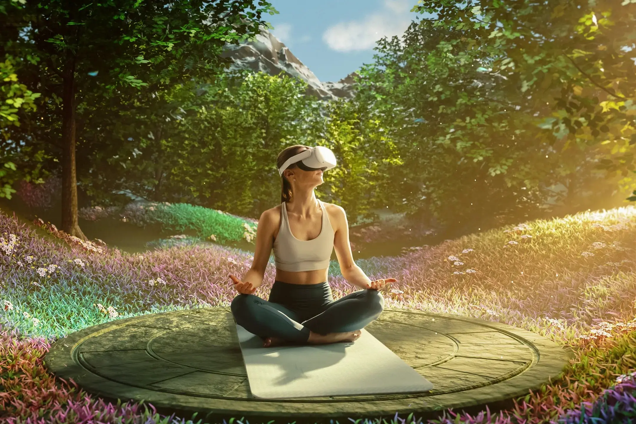 Virtual reality meditation in serene forest.