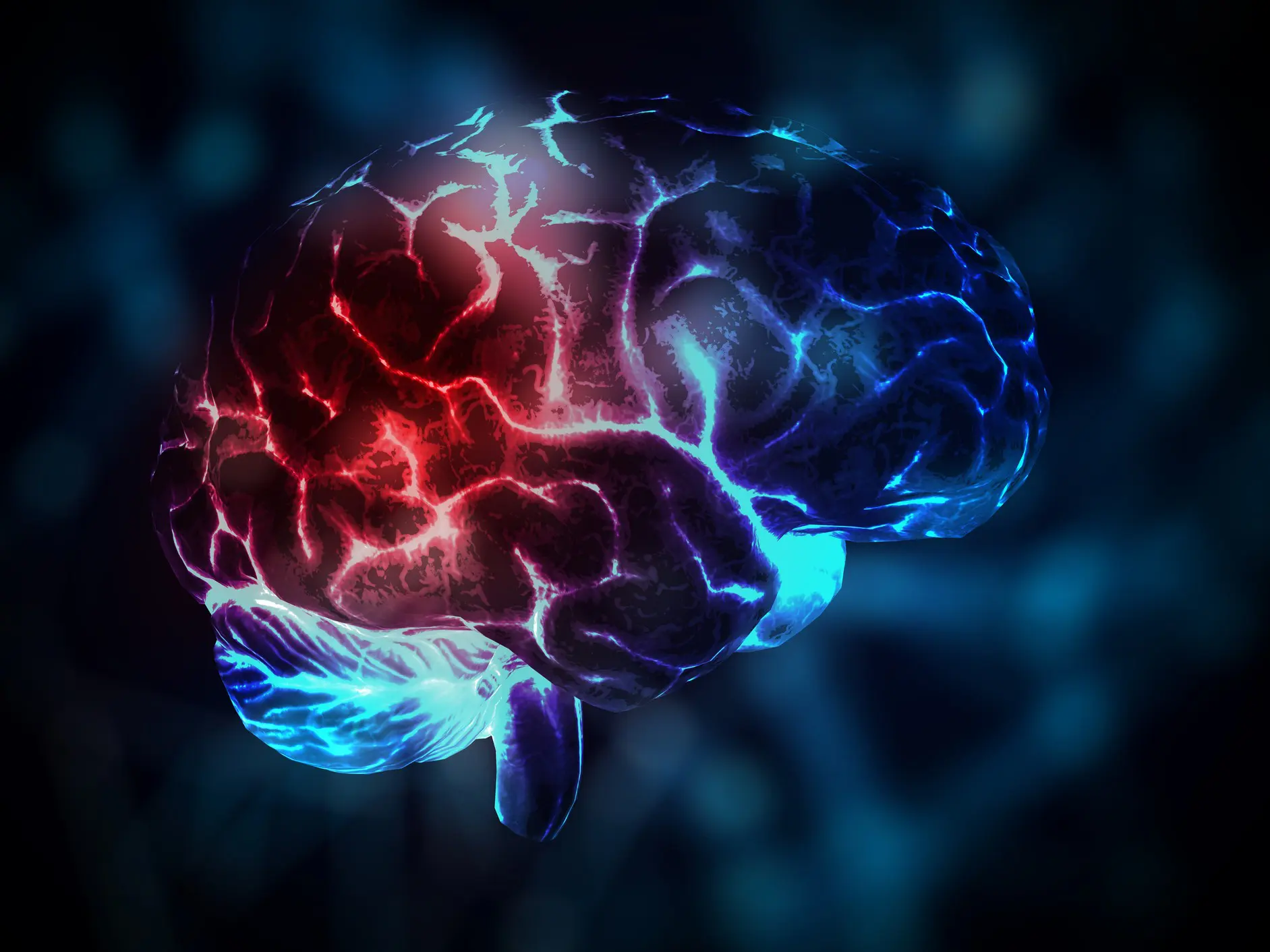 Illuminated brain illustration with electric patterns