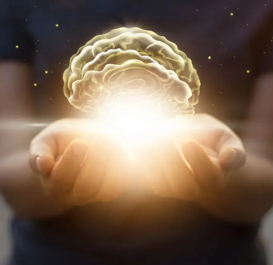 Hands holding a glowing brain