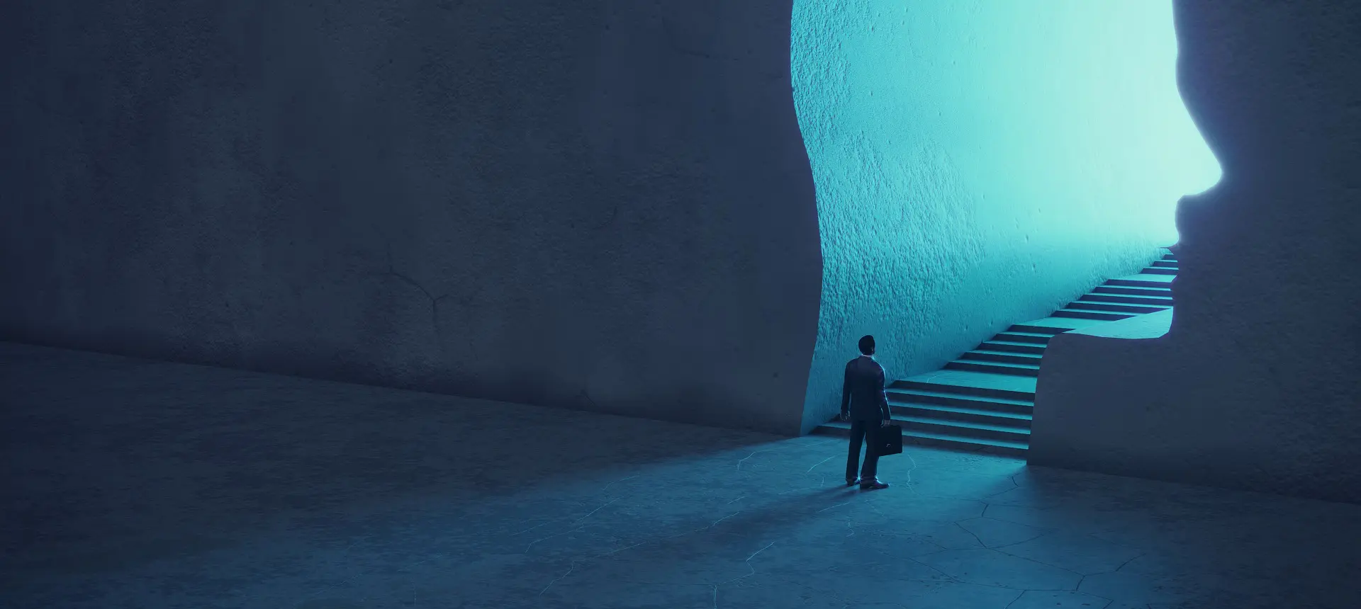 Person facing staircase within silhouette wall