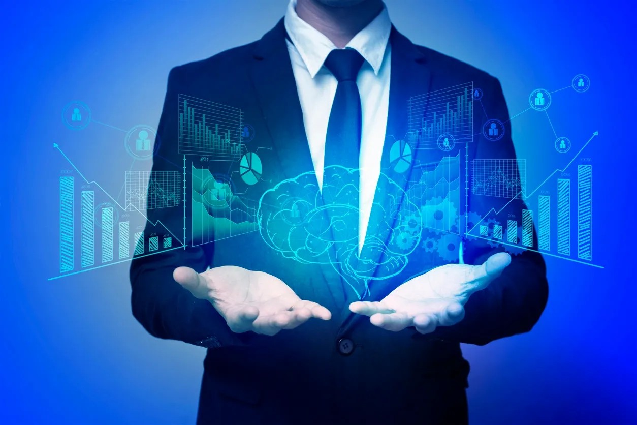 Businessman with digital data hologram